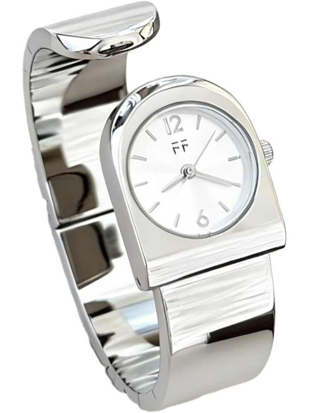 Women's Silver Minimalist Dial Open Bangle Retro Curved Case Analog Quartz Watch